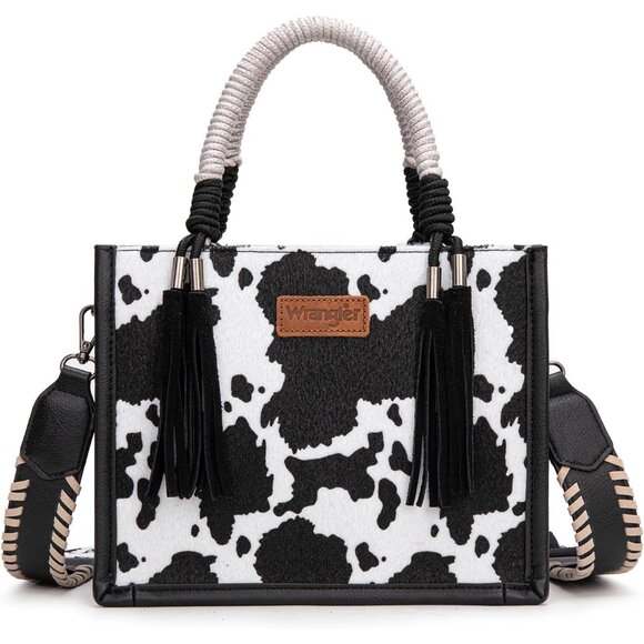 Stylish Cow Print Tote with Braided Rope Handle - Durable Vegan Leather Satchel